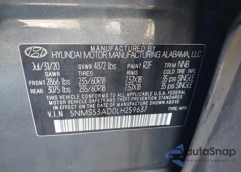 2020 Hyundai Santa Fe Limited из США, поврежденный, VIN 5NMS53AD0LH259637